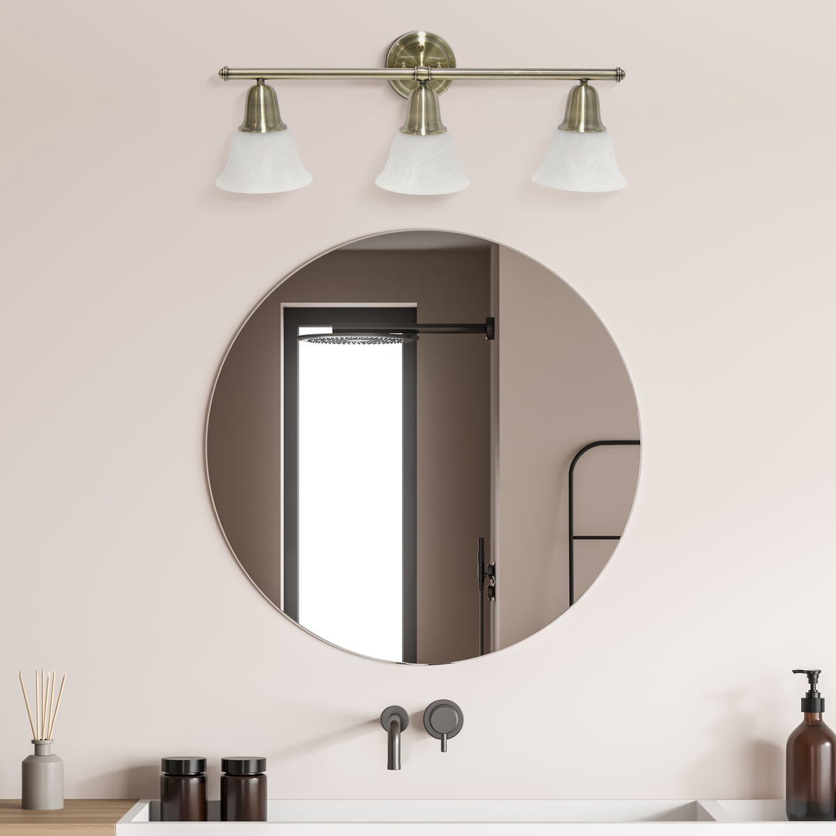 Simple Designs 26.5" Classic 3 Light Straight Metal Bar and Frosted Marble White Bell Shape Glass Shades Wall Mounted Vanity Fixture