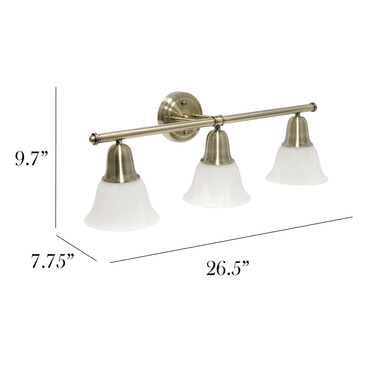 Simple Designs 26.5" Classic 3 Light Straight Metal Bar and Frosted Marble White Bell Shape Glass Shades Wall Mounted Vanity Fixture