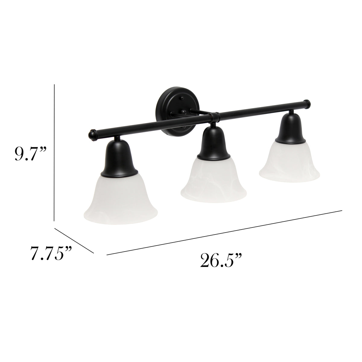 Simple Designs 26.5" Classic 3 Light Straight Metal Bar and Frosted Marble White Bell Shape Glass Shades Wall Mounted Vanity Fixture