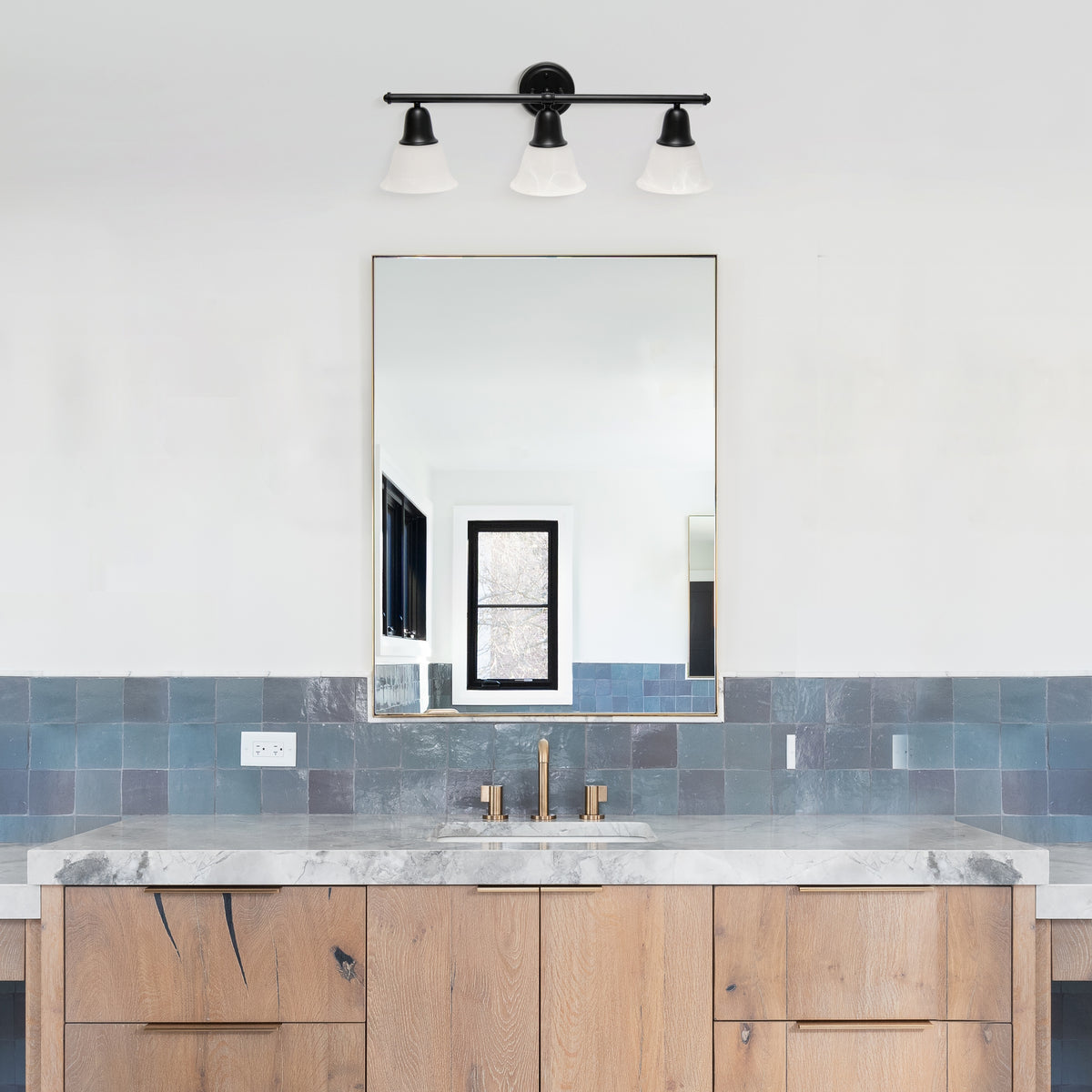Simple Designs 26.5" Classic 3 Light Straight Metal Bar and Frosted Marble White Bell Shape Glass Shades Wall Mounted Vanity Fixture