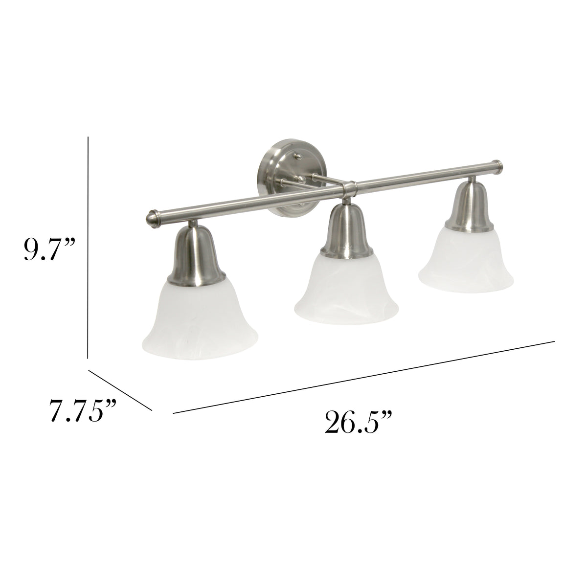 Simple Designs 26.5" Classic 3 Light Straight Metal Bar and Frosted Marble White Bell Shape Glass Shades Wall Mounted Vanity Fixture