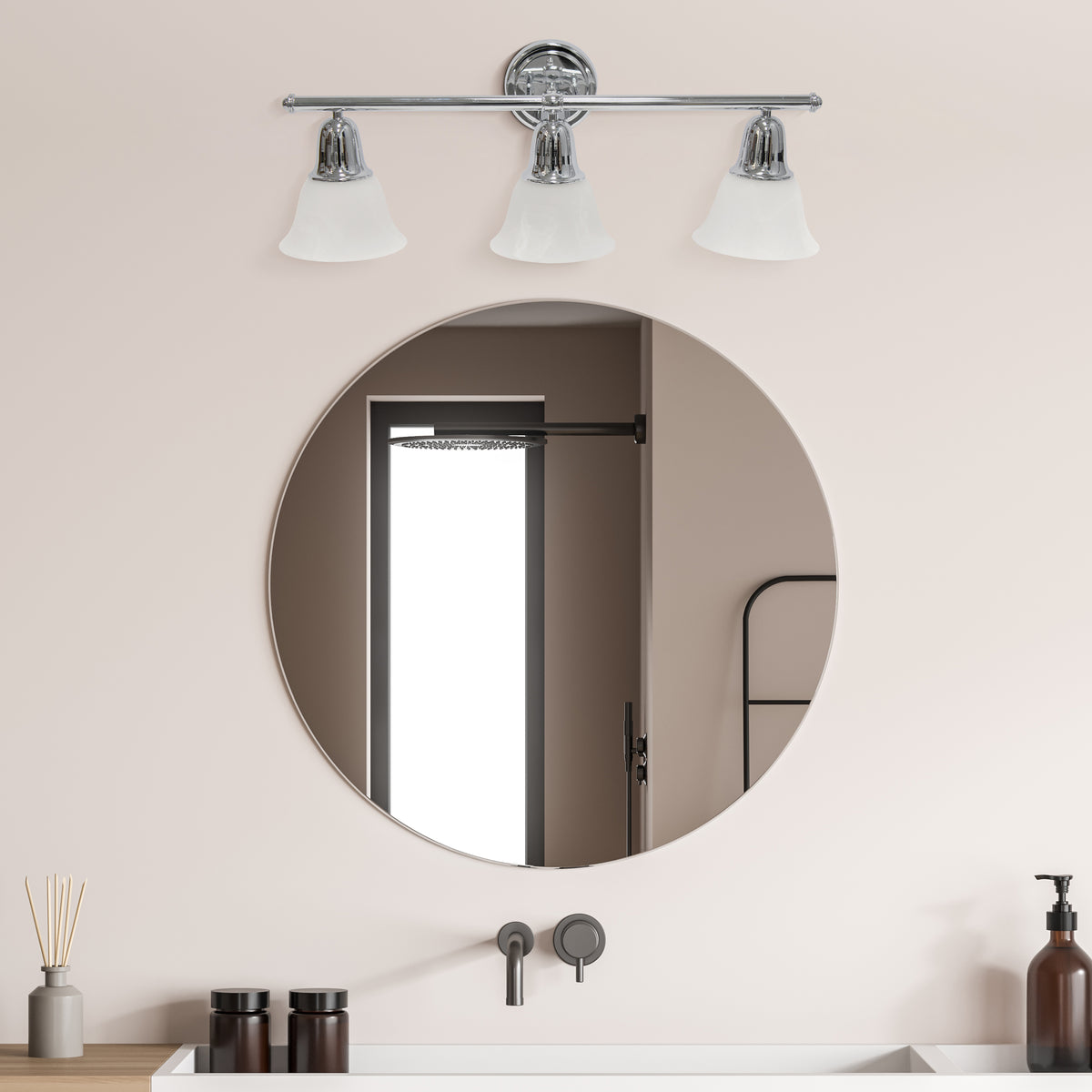 Simple Designs 26.5" Classic 3 Light Straight Metal Bar and Frosted Marble White Bell Shape Glass Shades Wall Mounted Vanity Fixture