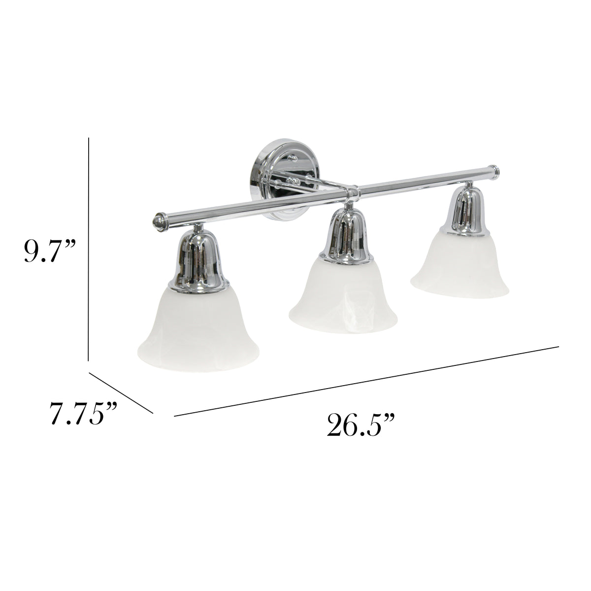 Simple Designs 26.5" Classic 3 Light Straight Metal Bar and Frosted Marble White Bell Shape Glass Shades Wall Mounted Vanity Fixture
