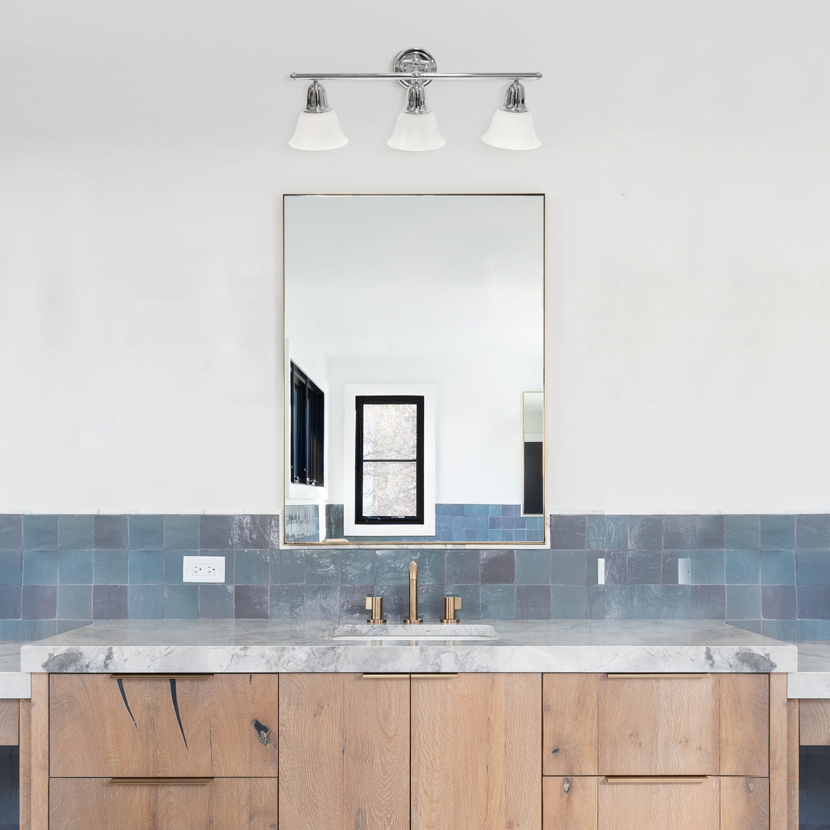 Simple Designs 26.5" Classic 3 Light Straight Metal Bar and Frosted Marble White Bell Shape Glass Shades Wall Mounted Vanity Fixture