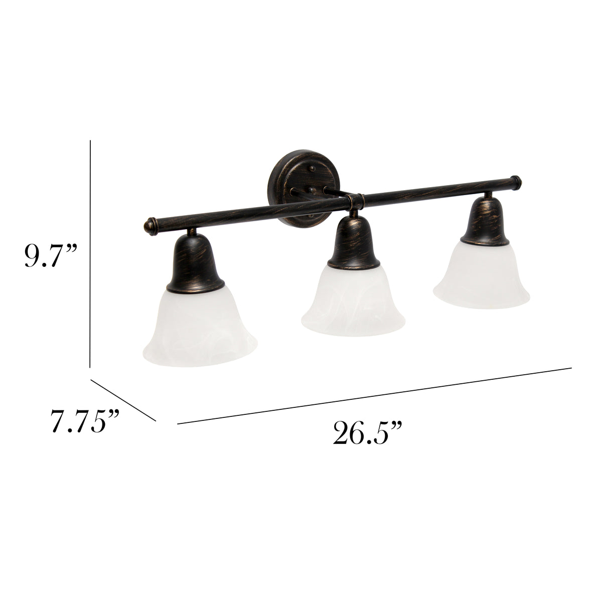 Simple Designs 26.5" Classic 3 Light Straight Metal Bar and Frosted Marble White Bell Shape Glass Shades Wall Mounted Vanity Fixture