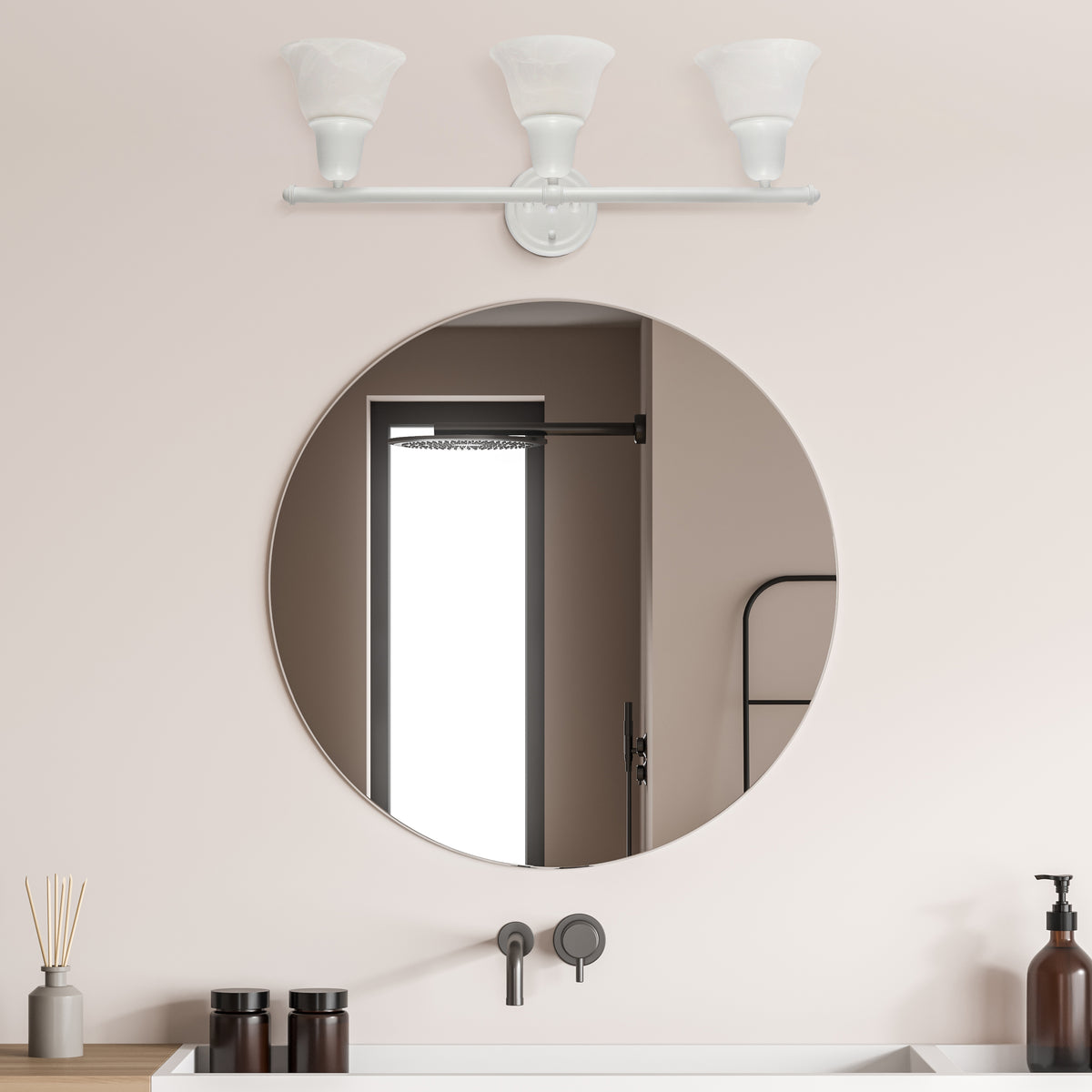 Simple Designs 26.5" Classic 3 Light Straight Metal Bar and Frosted Marble White Bell Shape Glass Shades Wall Mounted Vanity Fixture