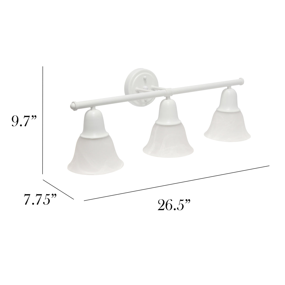 Simple Designs 26.5" Classic 3 Light Straight Metal Bar and Frosted Marble White Bell Shape Glass Shades Wall Mounted Vanity Fixture