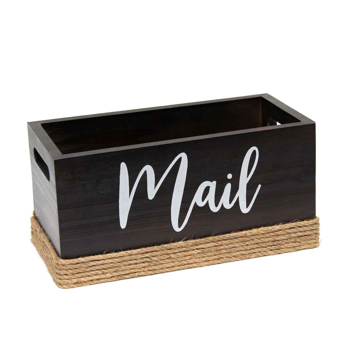 Elegant Designs Homewood Farmhouse Rustic Wood Decorative Mail Holder, Bills and Letter Storage, Sorter with Wrapped Roped Bottom, Cutout Handles, and "Mail" Script in White
