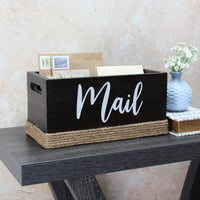 Elegant Designs Homewood Farmhouse Rustic Wood Decorative Mail Holder, Bills and Letter Storage, Sorter with Wrapped Roped Bottom, Cutout Handles, and "Mail" Script in White