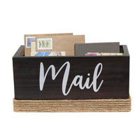 Elegant Designs Homewood Farmhouse Rustic Wood Decorative Mail Holder, Bills and Letter Storage, Sorter with Wrapped Roped Bottom, Cutout Handles, and "Mail" Script in White