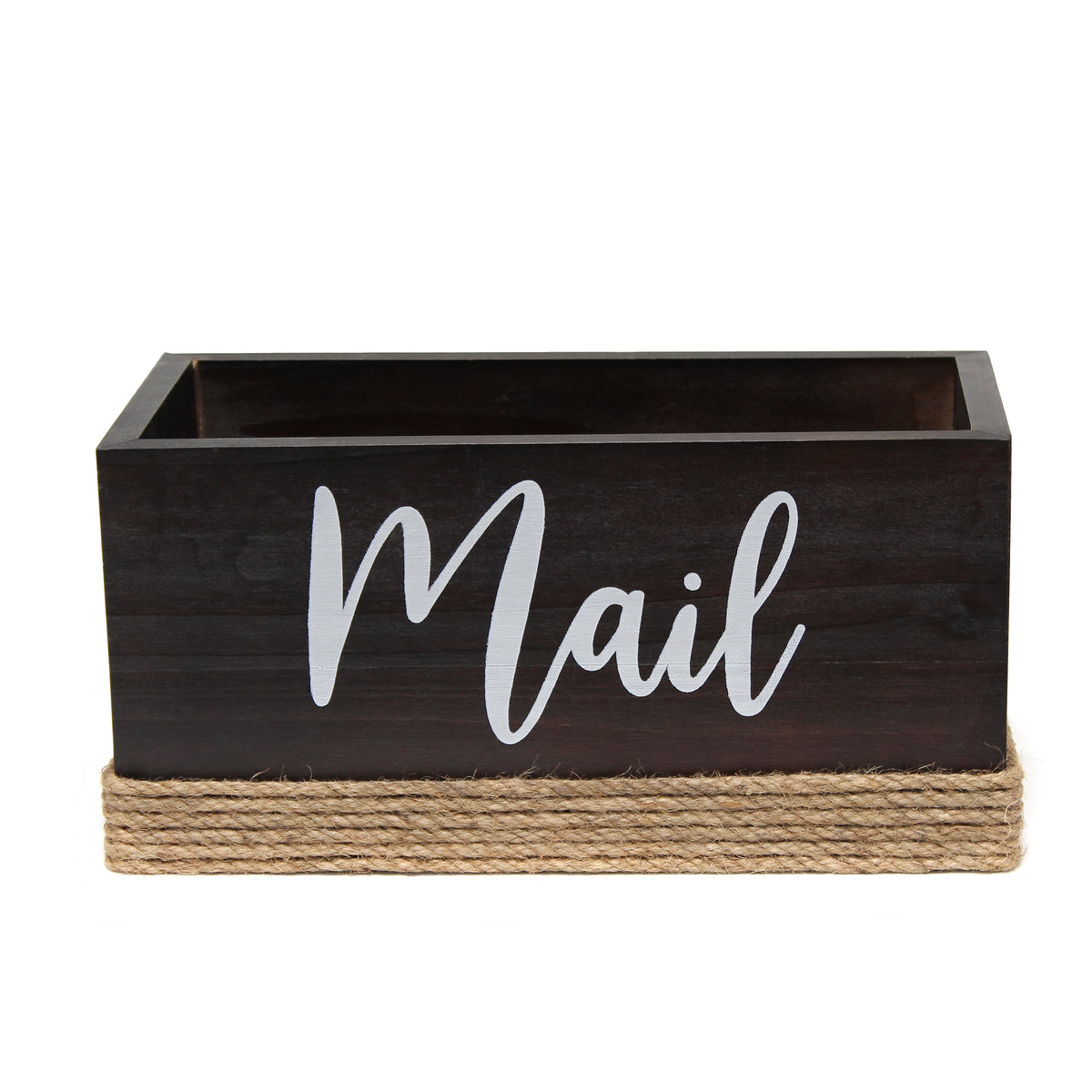 Elegant Designs Homewood Farmhouse Rustic Wood Decorative Mail Holder, Bills and Letter Storage, Sorter with Wrapped Roped Bottom, Cutout Handles, and "Mail" Script in White