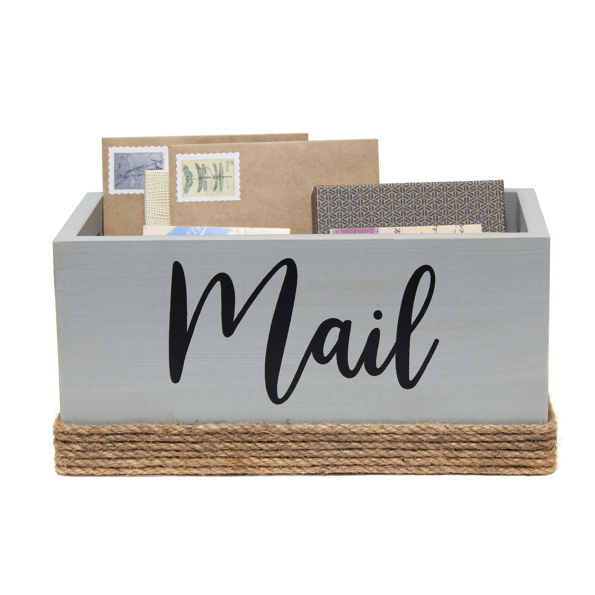 Elegant Designs Homewood Farmhouse Rustic Wood Decorative Mail Holder, Bills and Letter Storage, Sorter with Wrapped Roped Bottom, Cutout Handles, and "Mail" Script in White