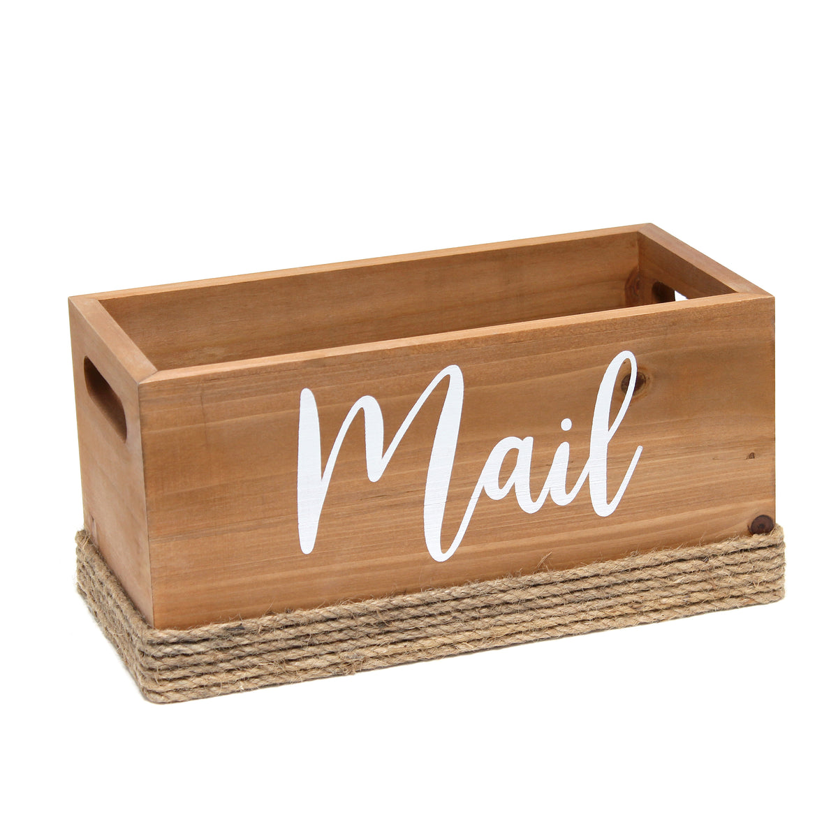 Elegant Designs Homewood Farmhouse Rustic Wood Decorative Mail Holder, Bills and Letter Storage, Sorter with Wrapped Roped Bottom, Cutout Handles, and "Mail" Script in White