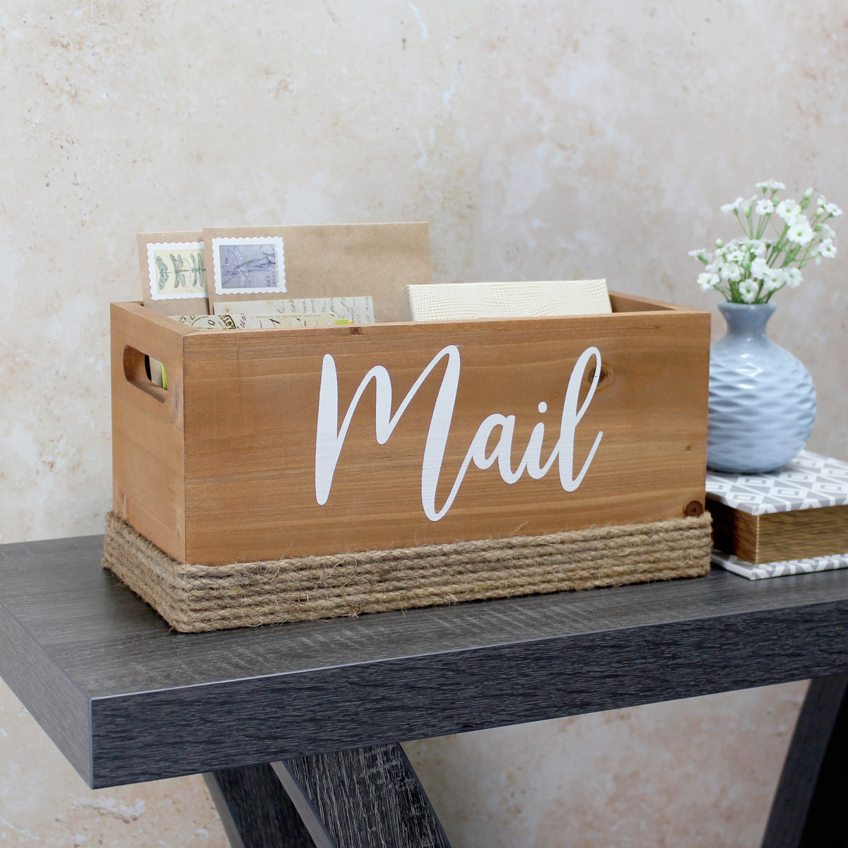 Elegant Designs Homewood Farmhouse Rustic Wood Decorative Mail Holder, Bills and Letter Storage, Sorter with Wrapped Roped Bottom, Cutout Handles, and "Mail" Script in White