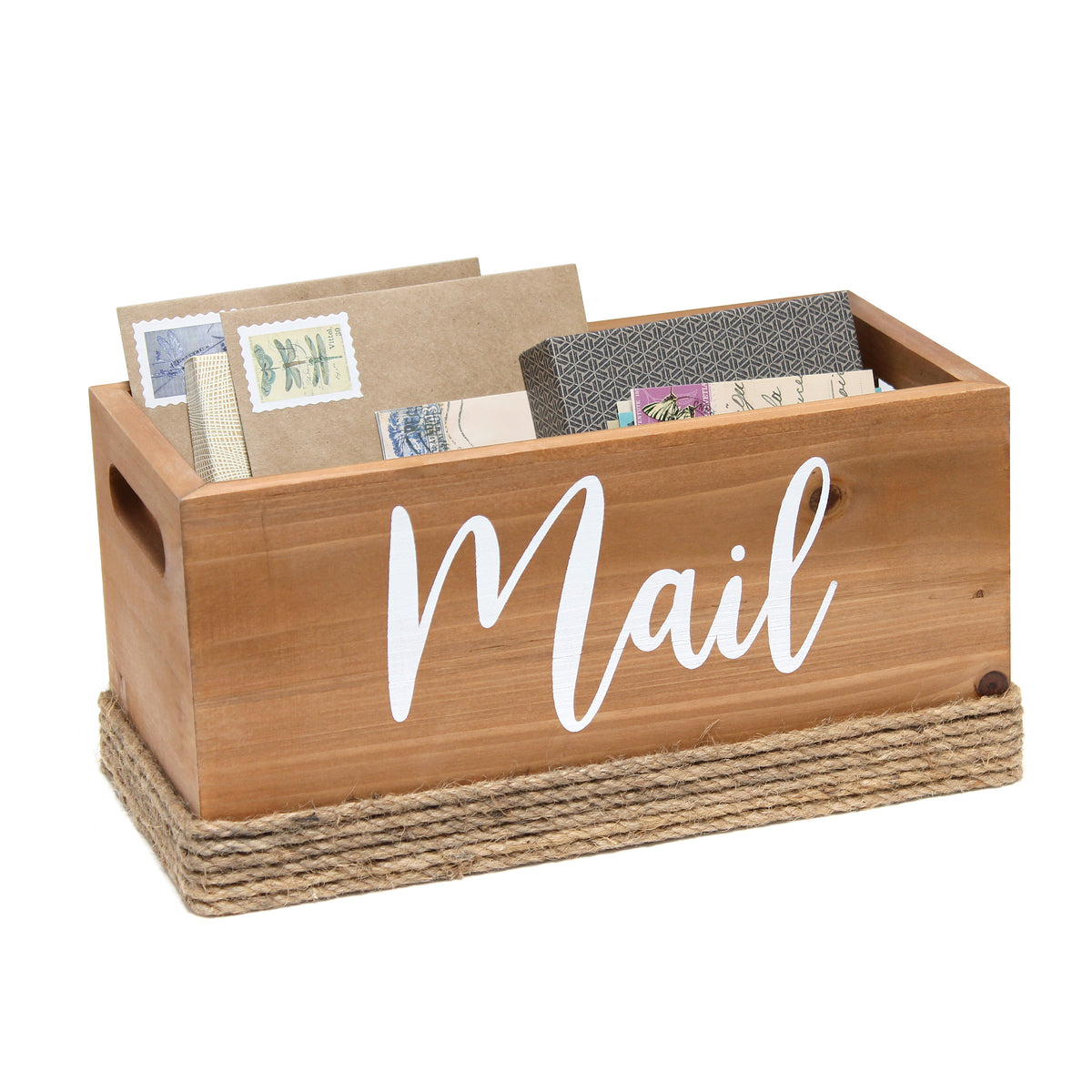 Elegant Designs Homewood Farmhouse Rustic Wood Decorative Mail Holder, Bills and Letter Storage, Sorter with Wrapped Roped Bottom, Cutout Handles, and "Mail" Script in White