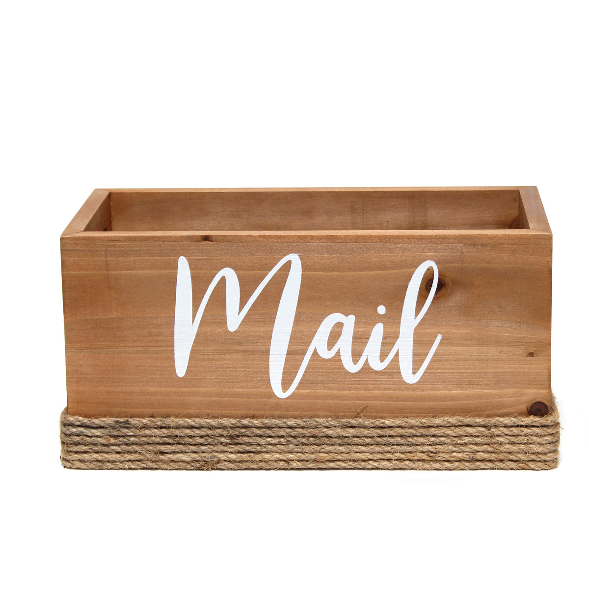 Elegant Designs Homewood Farmhouse Rustic Wood Decorative Mail Holder, Bills and Letter Storage, Sorter with Wrapped Roped Bottom, Cutout Handles, and "Mail" Script in White