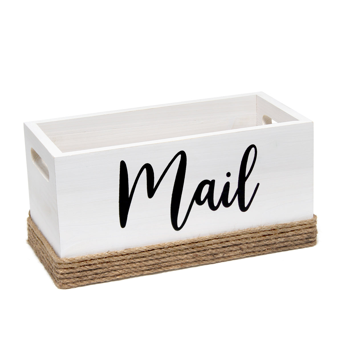 Elegant Designs Homewood Farmhouse Rustic Wood Decorative Mail Holder, Bills and Letter Storage, Sorter with Wrapped Roped Bottom, Cutout Handles, and "Mail" Script in White