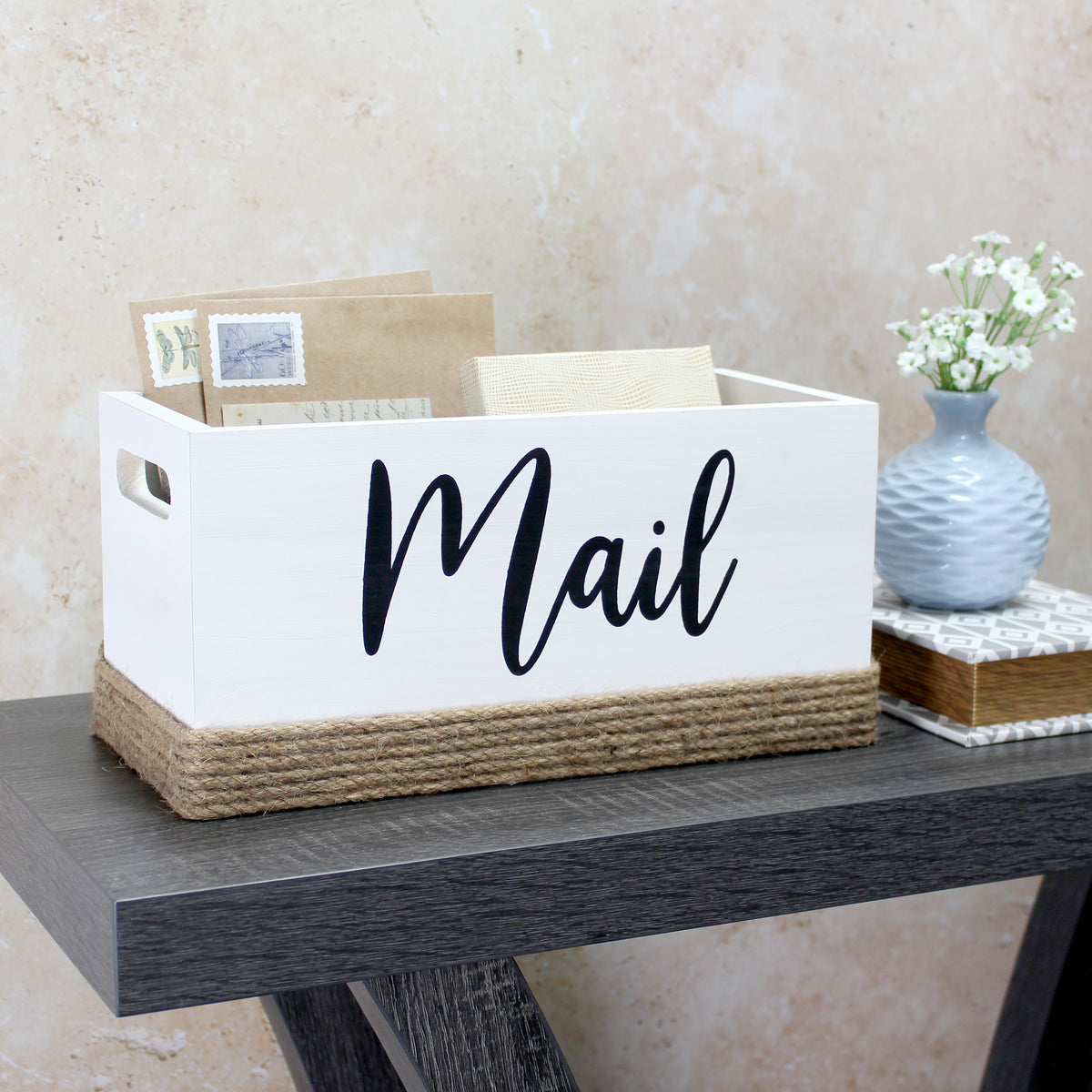 Elegant Designs Homewood Farmhouse Rustic Wood Decorative Mail Holder, Bills and Letter Storage, Sorter with Wrapped Roped Bottom, Cutout Handles, and "Mail" Script in White