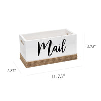 Elegant Designs Homewood Farmhouse Rustic Wood Decorative Mail Holder, Bills and Letter Storage, Sorter with Wrapped Roped Bottom, Cutout Handles, and "Mail" Script in White