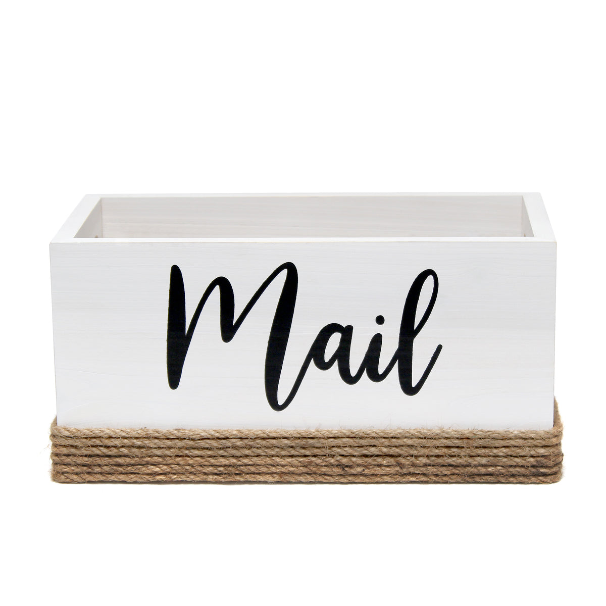Elegant Designs Homewood Farmhouse Rustic Wood Decorative Mail Holder, Bills and Letter Storage, Sorter with Wrapped Roped Bottom, Cutout Handles, and "Mail" Script in White