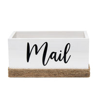 Elegant Designs Homewood Farmhouse Rustic Wood Decorative Mail Holder, Bills and Letter Storage, Sorter with Wrapped Roped Bottom, Cutout Handles, and "Mail" Script in White