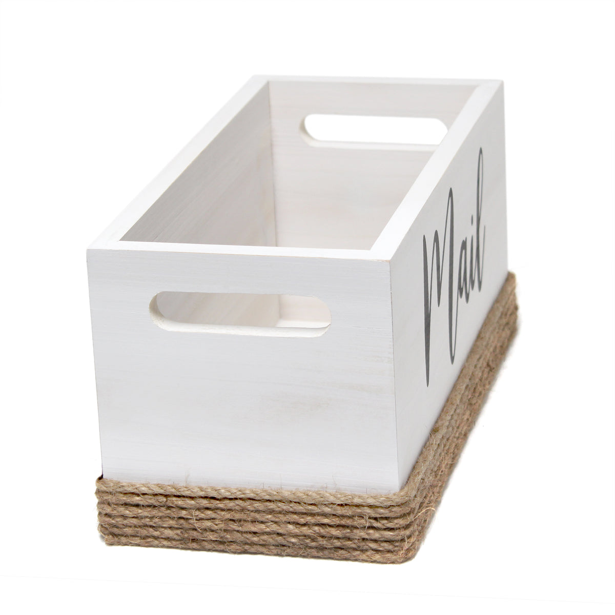 Elegant Designs Homewood Farmhouse Rustic Wood Decorative Mail Holder, Bills and Letter Storage, Sorter with Wrapped Roped Bottom, Cutout Handles, and "Mail" Script in White