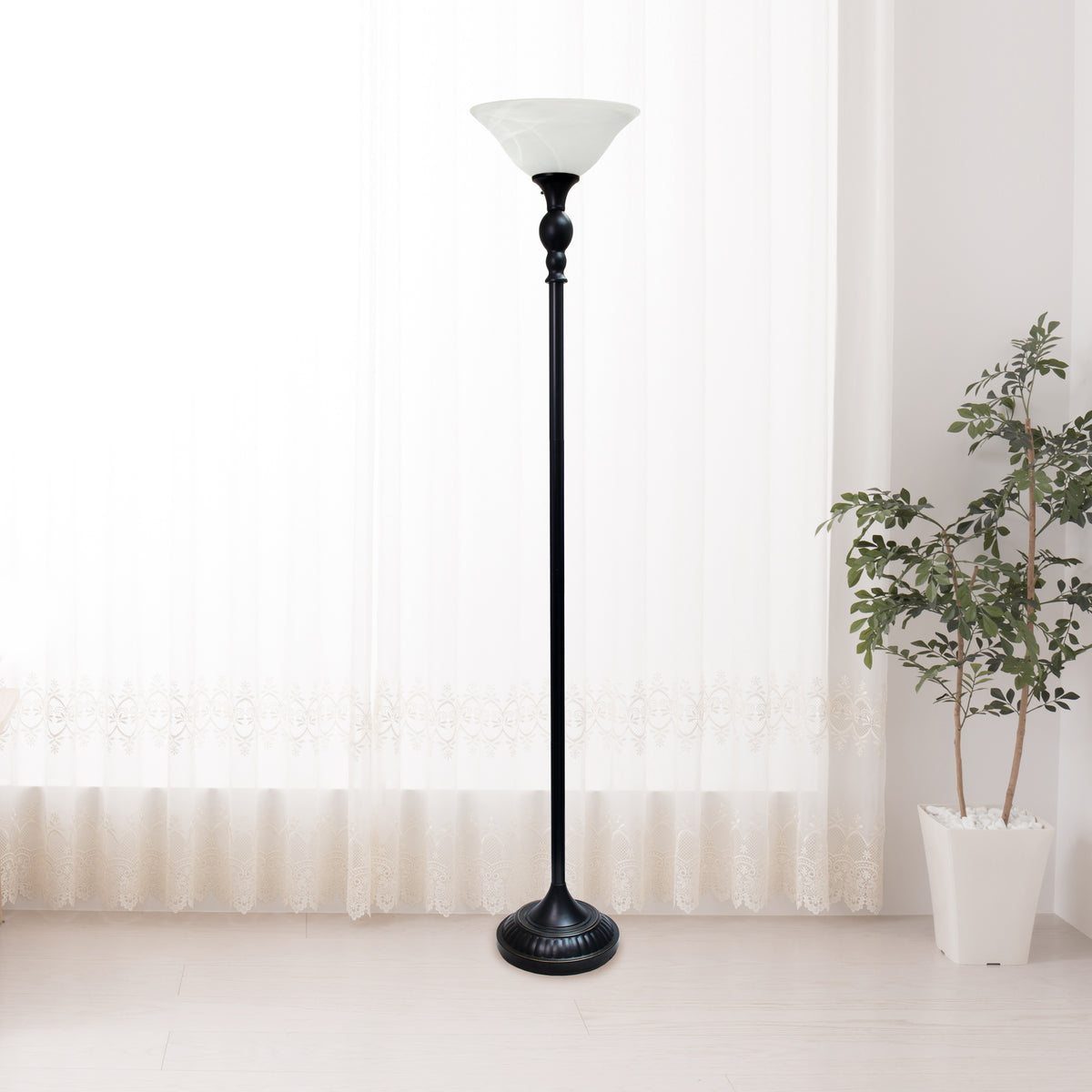Elegant Designs 1 Light Torchiere Floor Lamp with Marbleized White Glass Shade